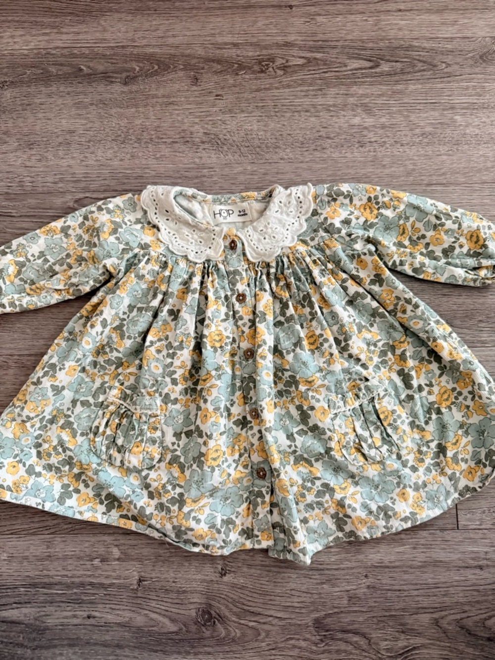 HOP baby Floral corduroy Button Front Dress size 9-12 month